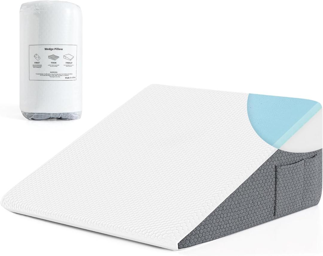 Yojoker Wedge Pillow for Sleeping - 10 Inch Bed Wedge for Headboard Triangle Pillow, Memory Foam Wedges for Acid Reflux, GERD, Snoring, Post Surgery Back Pain Relief, Leg Elevation, Washable Cover (Grey & White)