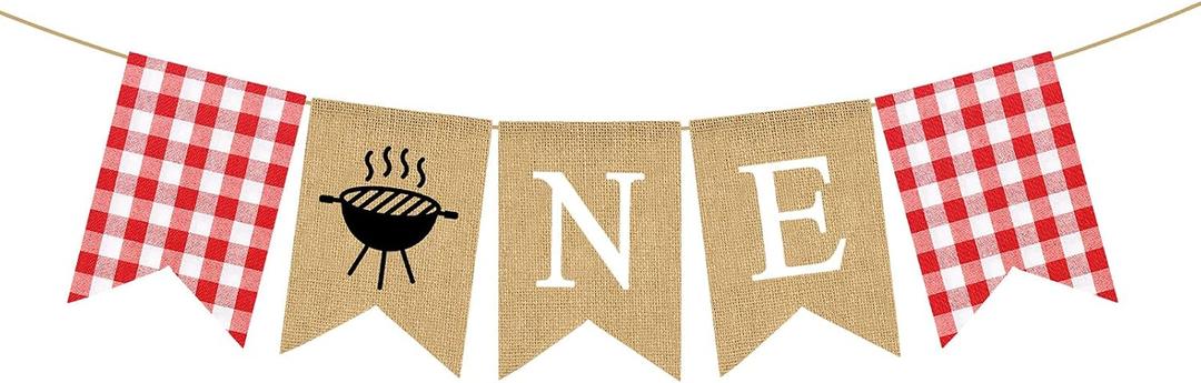Pudodo Jute Burlap BBQ Themed One High Chair Banner with Grill Barbecue 1st Birthday Party Garland Decoration