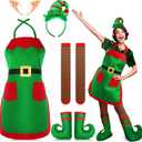 Christmas Elf Costume Set with Apron Headband Shoe Covers Holiday Kitchen Accessories, Christmas Party Decoration