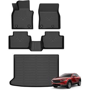 Floor Mats & Cargo Liner for Mazda CX-30 2020-2024 2025 All Weather Automotive TPE Liners Set Anti-Slip Waterproof Floor Liners Accessories (Car Mats+Trunk Mat) Black