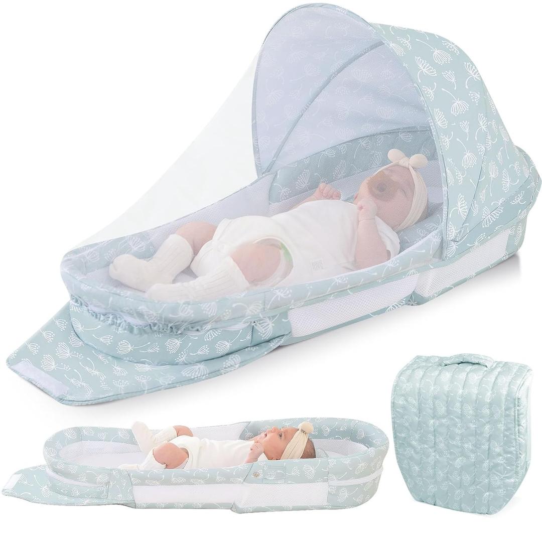 Portable Baby Lounger Bag, Foldabl Babies Nest with 2-in-1 Removable Mosquito Net, Infant Travel Nest Lounger, Easy Setup and Storage for Outdoors Indoors - Baby Registry (Light Green)