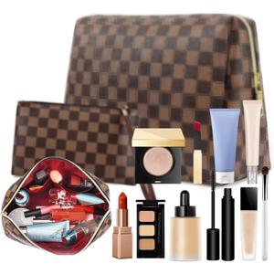 Makeup Bag, 2 Pcs Portable Leather Checkered Cosmetic Bag, Waterproof Travel Toiletry Bag for Women Gift
