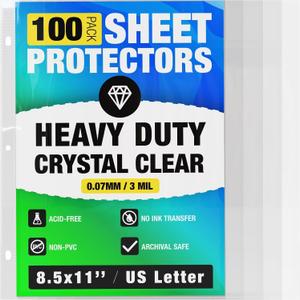 100 Pack of 8.5x11 Heavy Duty Crystal Clear Sheet Protectors for 3 Ring Binder, Plastic Page Sleeve Protectors for Paper Document (100 Pack, 8.5 x 11'' - 1 Pocket)
