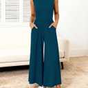 BTFBM Womens Casual Jumpsuits Dressy 2026 Spring One Piece Outfits Crew Neck Sleeveless Knit Wide Leg Pants Romper Beach (Blue, M)