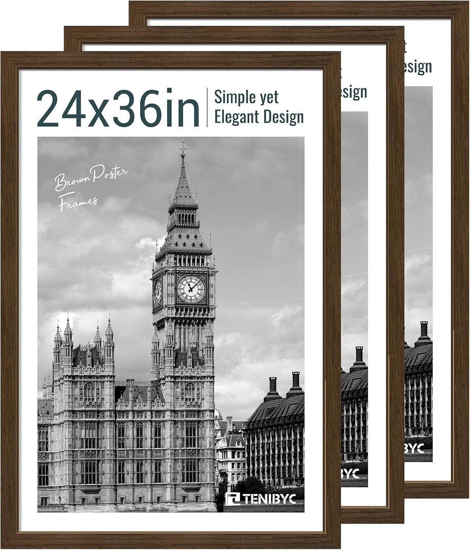 24x36 Poster Frame 3 Pack - Brown Woodgrain, Wood Picture Frame, Wall Gallery Frame - Wall Hanging