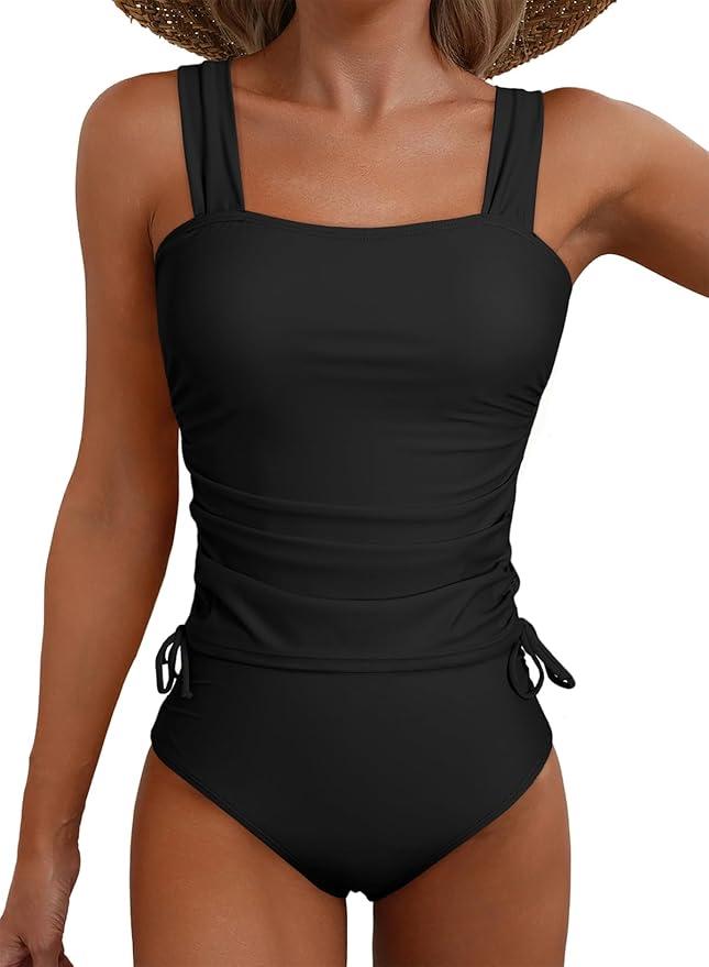 Womens Retro Ruched Two Piece Strappy Tummy Control Swimwear Tie Side Tankini Bathing Suit Set, Black, Size S