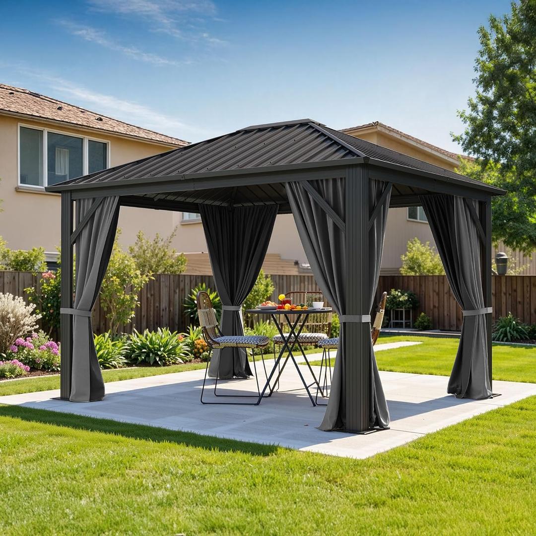 DWVO Gazebo Hardtop 10x12ft Single Roof Heavy Duty Canopy Galvanized Steel Outdoor with Nettings and Curtains for Patio, Backyard, Deck, Lawns, Grey (Gray)