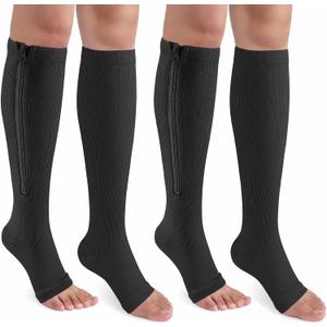 CASMON 2 Pairs Zipper Compression Socks for Women & Men, 15-20 mmHg Open Toe Knee High Support Socks for Varicose Vein Edema, Size: Large-X-Large