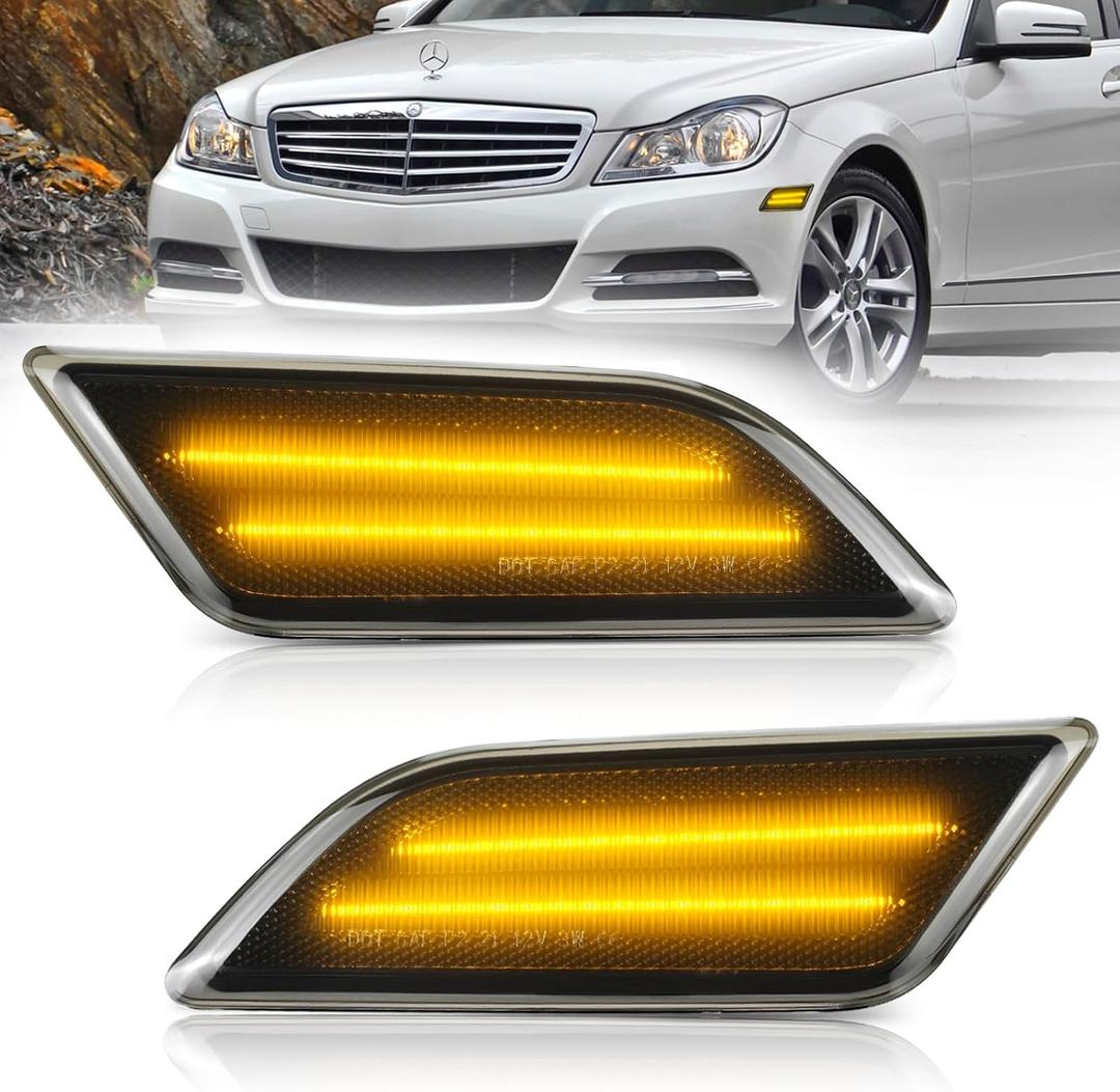 LED Side Marker Light Compatible with Mercedes Benz C-Class W204 C250 C300 C350 C63 AMG 2012 2013 2014 Front Amber Fender Bumper Lamps Smoked Lens