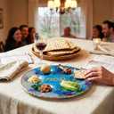 Rite Lite Blue Marble Design Glass Seder Plate for Passover Elegant Round Design with Gold Accents, Hebrew & English Food Labels, Handcrafted 12" Glass Seder Plate, Perfect Pesach Gift