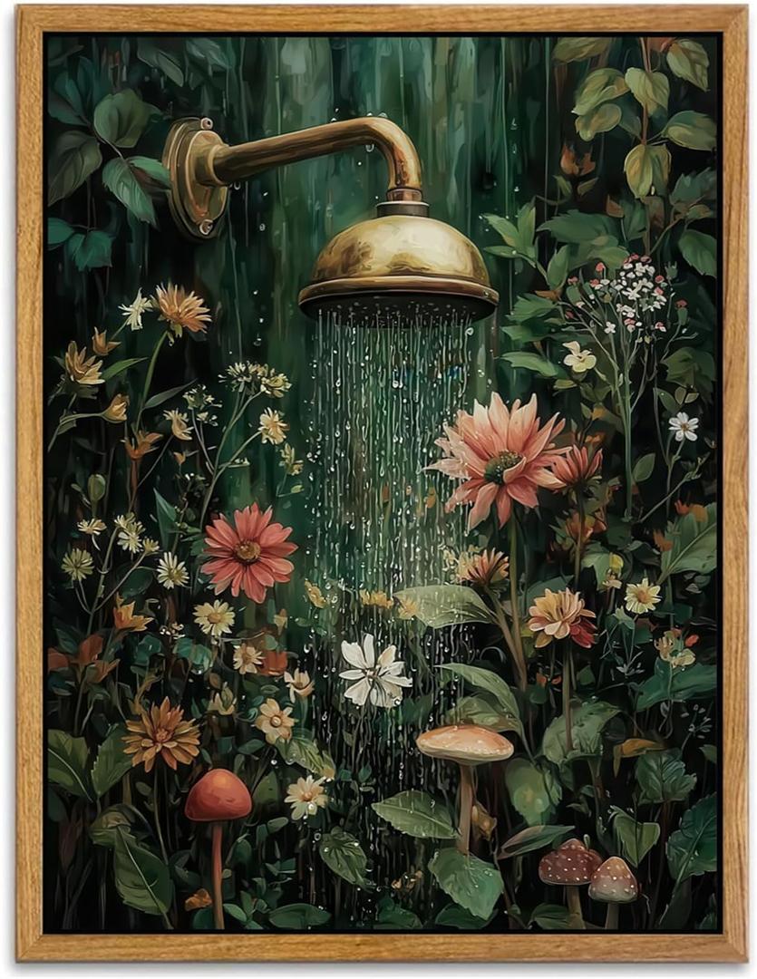 AtterrirArt Framed Vintage Bathroom Wall Art, 12 * 16inch, Floral Shower Wall Decor, Abstract Wildflower Aesthetic Poster Print, Moody Botanical Canvas Wall Art For Restroom, Toilet, Ready to Hang