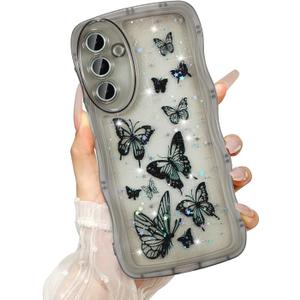 UEEBAI Wave Butterfly Case for Samsung Galaxy A16 4G/5G Case, Pretty Bling Star Butterfly for Women Cute Shiny Glitter Phone Cover for Girls Bling Clear Cover Curly Shockproof Girly Shell - Black