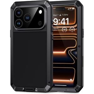 Lanhiem for iPhone 17 Pro Max Metal Case, Built-in Glass Screen Protector, Heavy Duty Shockproof Case [Military-Grade Full Protective] Tough Rugged Phone Cover for 17 Pro Max 6.9", Black