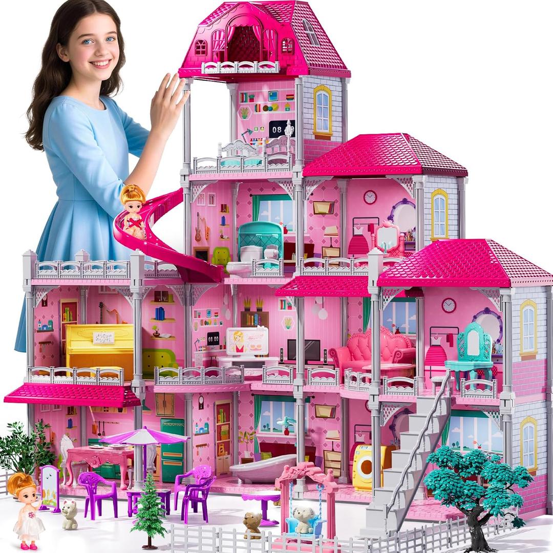 JUKUDAHU 4-Story Villa Playset for Girls Ages 3-8 - 11 Rooms, 2 Dolls, 11 Rooms with 31 Accessories