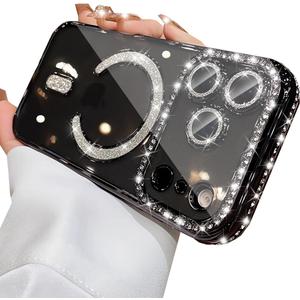 Changjia Magnetic Clear Glitter Case for iPhone 17 Pro Max,[Compatible with MagSafe] Cute Bling Sparkly Diamond Rhinestone with Camera Protector TPU Bumper Women Girls Case for iPhone 17 Pro Max,Black
