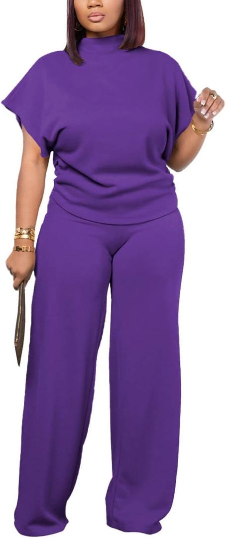 PINSV Lounge Sets For Women Casual 2 Piece Outfits Baggy Short Sleeve Top And Flare Pants Tracksuits (Medium, Ug-purple)
