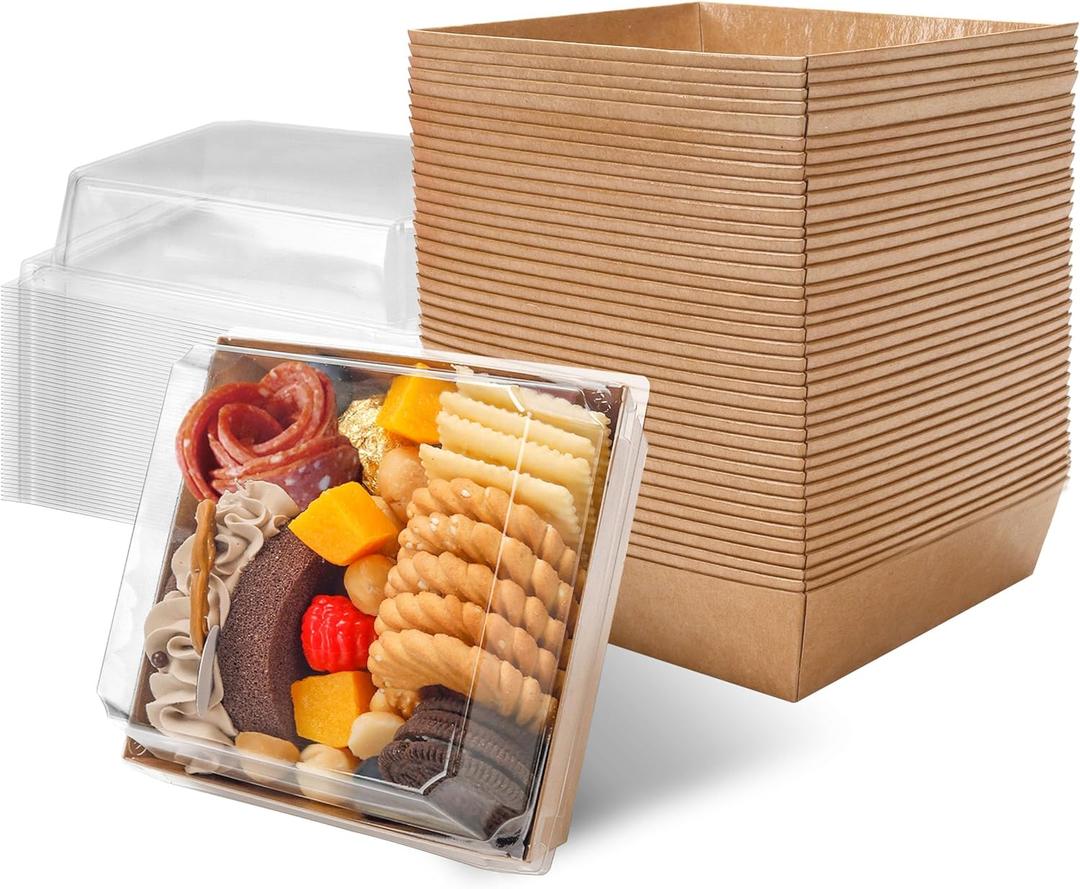 Small Charcuterie Boxes with Clear Lids Square Dessert Boxes To Go Disposable Food Containers for Cookie Sandwich Cake Slice 5.3x4.9x2.5INCH(Brown, 120 Pack)
