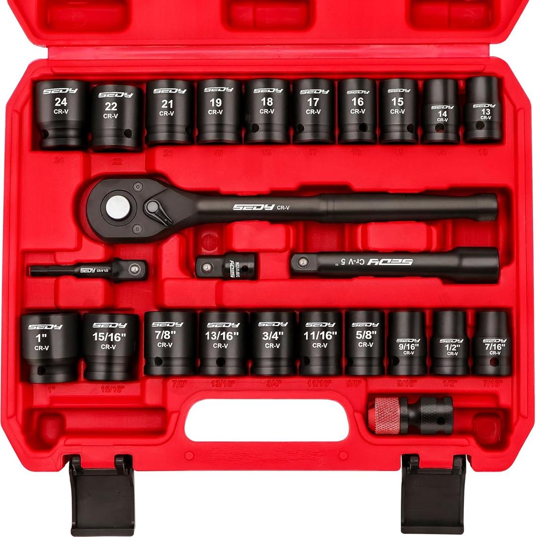 1/2" Drive Socket Wrench Set: 25-Piece SAE & Metric Impact Socket Ratchet Wrench Tool Set Socket Assortment with Storage Box for Repair Mechanic Garage