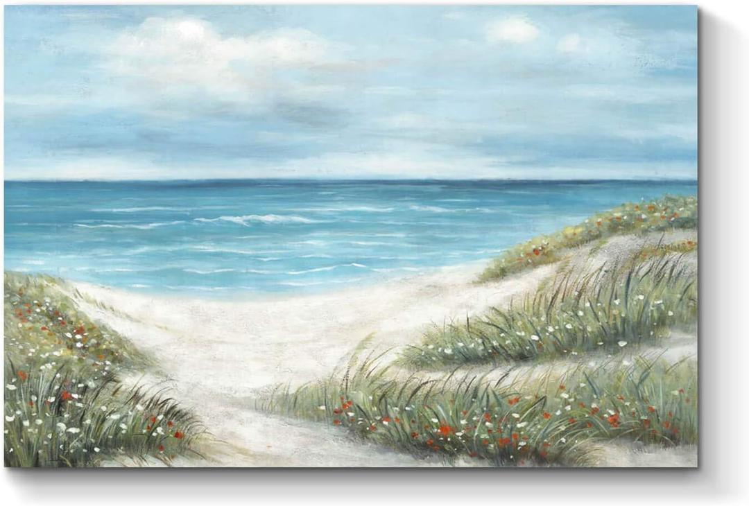 TAR TAR STUDIO Coastal Beach Canvas Picture Art: Blue Seaside Artwork Abstract Seascape Hand Painted on Canvas for Wall Art (36''W x 24''H)