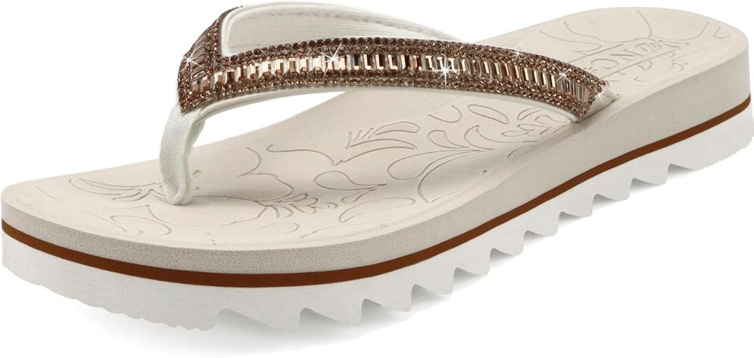 ONCAI Flip Flops for Women, Beach Thong Sandals Womens with Arch Support, Dressy Rhinestone Comfortable Yoga Mat and Non Slip Rubber Soles for Summer US Size 5-11 (6, Ivory White)