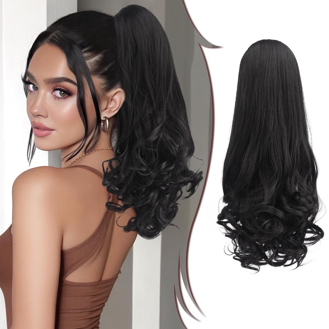 PEACOCO Long Wavy Drawstring Ponytail for Black Women - 18 Inch Black Ponytail Extension Synthetic Layered Curls Pony Tails Hair Extensions Hairpiece for Daily Use
