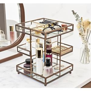 Vintage Glow Antique 360 Degree Rotating Makeup Organizer,4-Tier Spinning Perfume Tray,Countertop Cosmetic Storage ,Glass Beauty Display,Retro Large Capacity Vanity Organizer for Brushes Skincare (Brass)