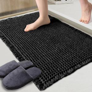 ZALL Waffle Bath Mat Black Super Absorbent Non Slip Bathroom Rug,Rhombus Geometric 17x24inch,Machine Washable Ultra Soft Floor Mats