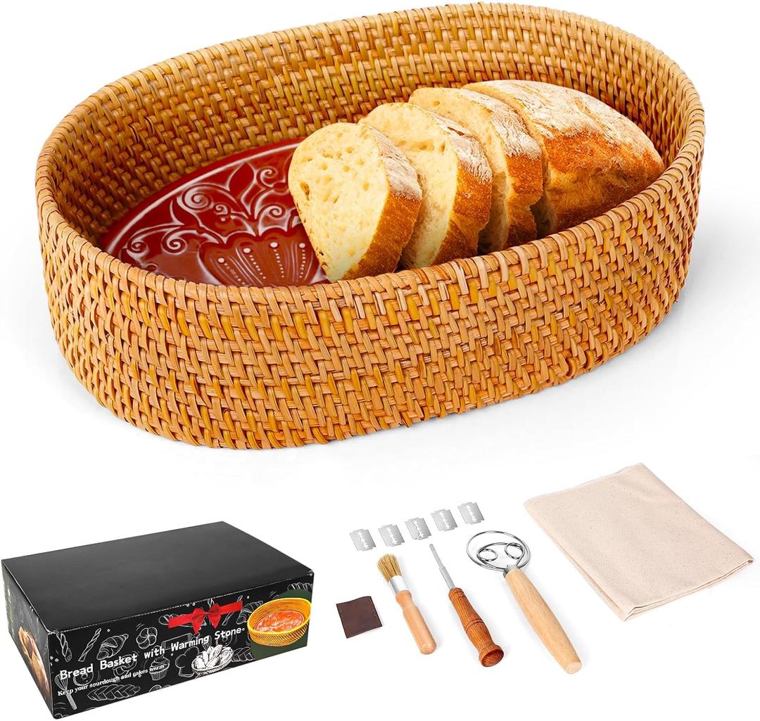 Bread Basket with Warming Stone with Cotton Cloths  Terracotta Bread Warmer Stone  12.7 x 3.7 x 8.2 Inch Large Traditional Bread Warming Set  Gifts for Bakers Woman Hostess House Warming