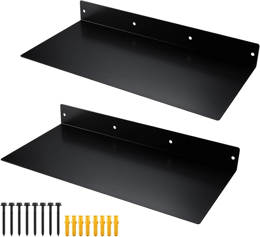 RealPlus Metal Floating Shelf 16.8" x 8" Modern Heavy Duty Steel Wall Mount Shelf, Black (Pack of 2)