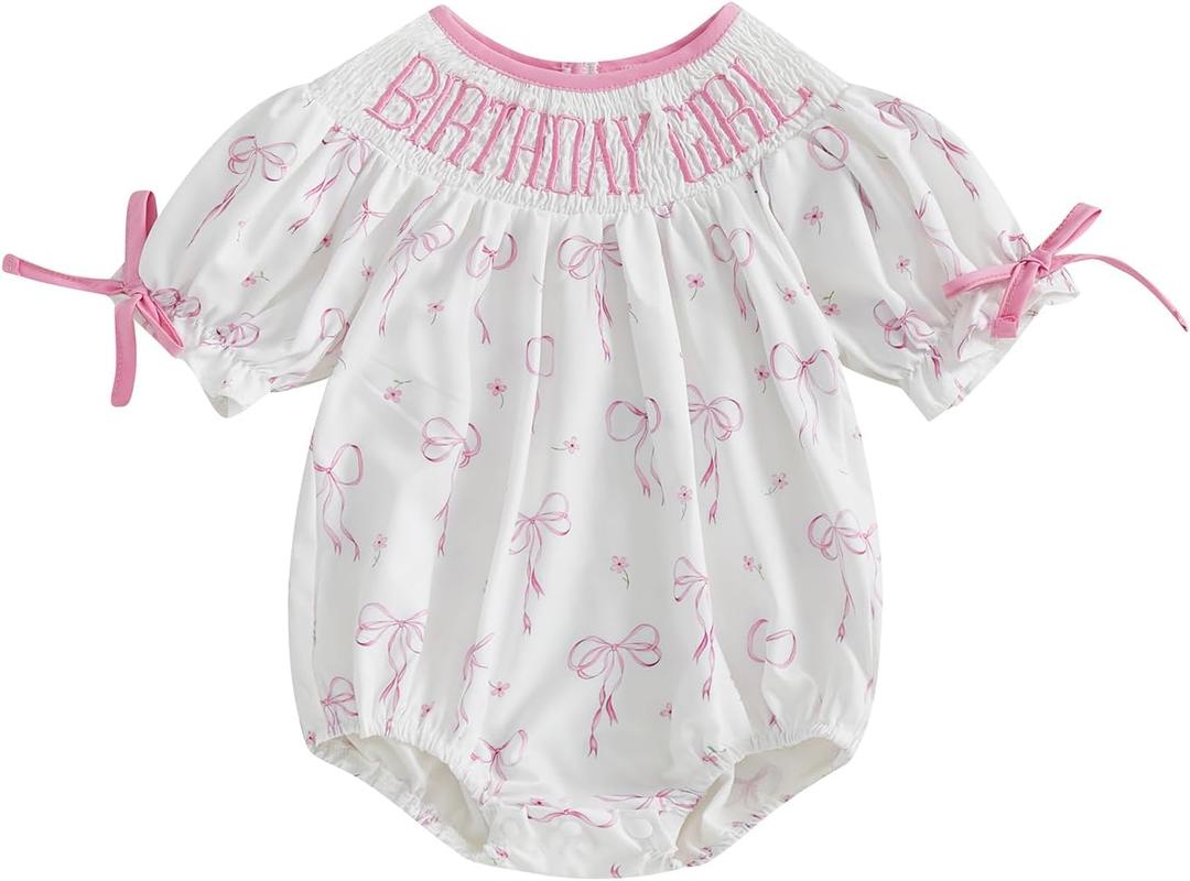 Bagilaanoe Baby Girl First Birthday Outfit Clothes Bow Print Birthday Girl Smocked Short Sleeve Romper Bodysuit Jumpsuit Top