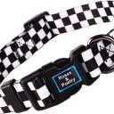 Roses&Poetry Dog Collar with Colourful Checkered Patterns, Adjustable Durable Puppy Collars for Small Medium Large Dogs (Black & White-XS)