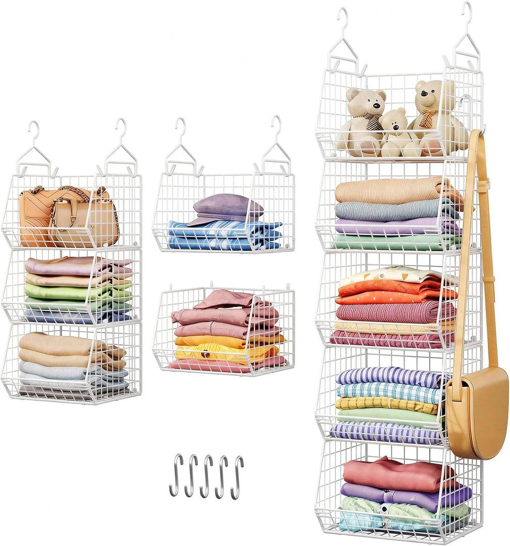 5 Tier Closet Hanging Organizer, Clothes Hanging Shelves with 4 Hanging Hooks 5 S Hooks, Wire Storage Basket Bins, for Clothing Sweaters Shoes Handbags Clutches Accessories Patent Design-White