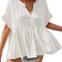 Tankaneo Womens Peplum Babydoll Tops Summer Short Sleeve Pleated Flowy Shirts Casual Loose Fit V Neck Cute Blouse (White, S)