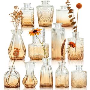 Der Rose Amber Glass Vases Set of 12, Small Bud Vases for Flowers, Rustic Wedding Centerpieces and Home Decor
