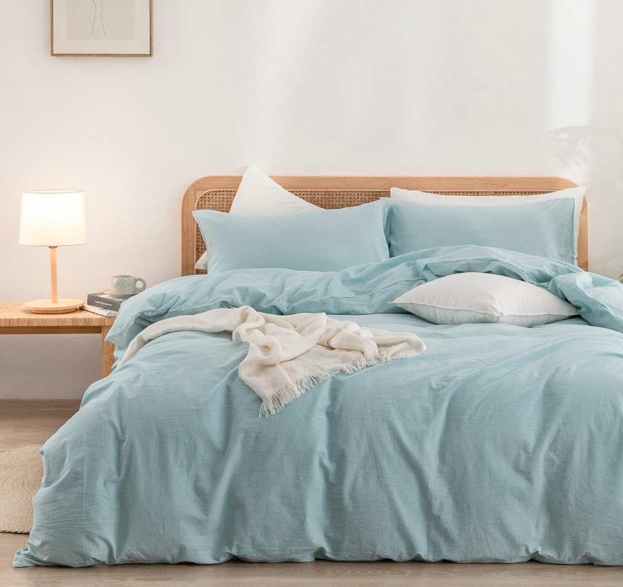 BESTOUCH Duvet Cover Set 100% Washed Cotton Linen Feel Super Soft Comfortable Chic Lightweight 3 PCs Home Bedding Set Solid Hushed Green King