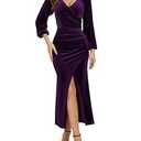 Bridesmay Velvet Wrap Dress 2024 Long Sleeves V Neck Cocktail Dress for Women Wedding Guest Formal Ruched Bodycon Dresses, Grape, Large