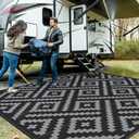 GENIMO Outdoor Rug Waterproof, 10' x 10' Reversible Plastic Straw Rug, Lightweight Large RV Camping Mat for Patio, Deck, Camper, Balcony, Backyard, Picnic, Black & Gray