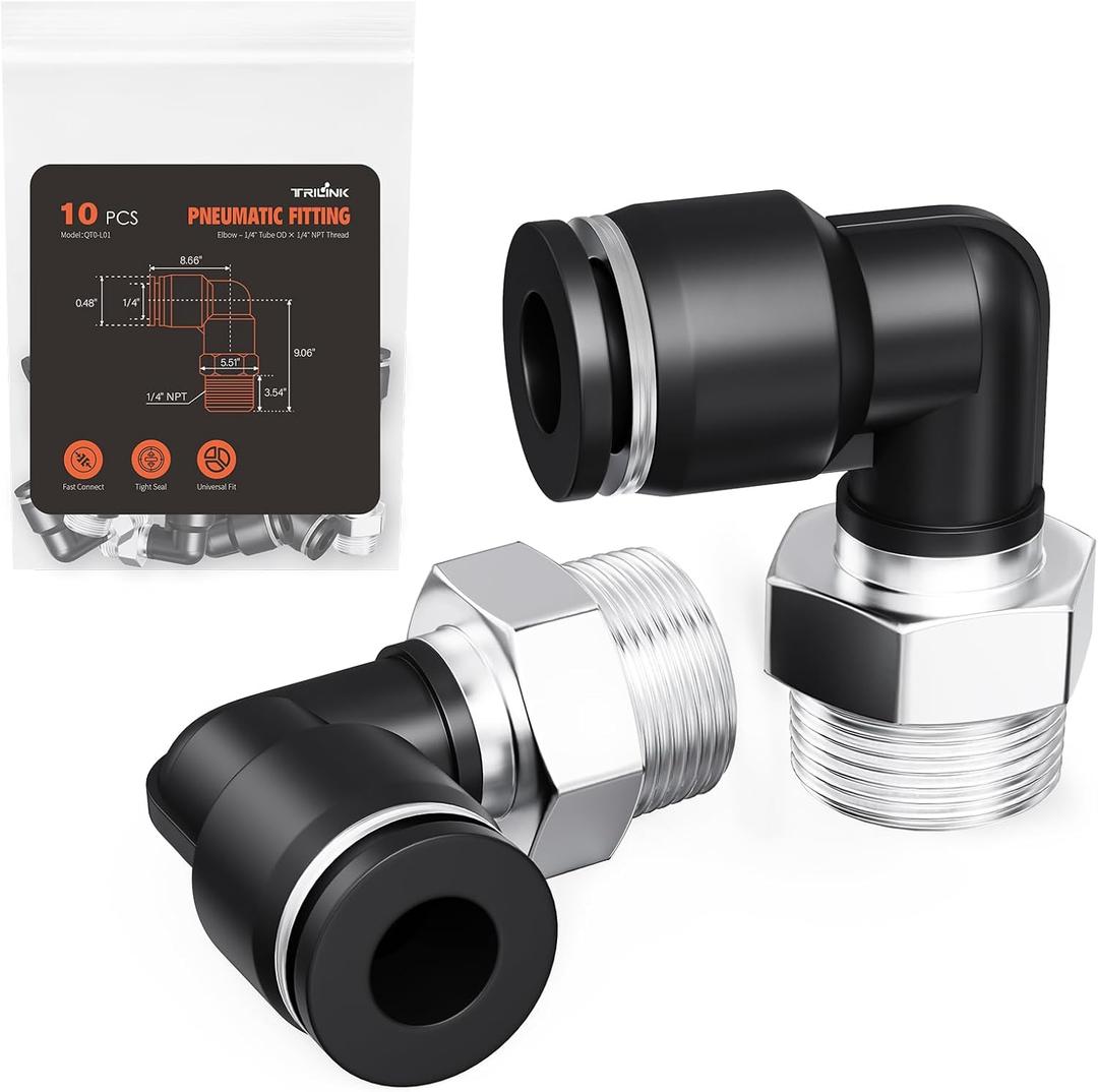 1/4"OD x 1/4"NPT Thread Push to Connect Fittings  Air Line Elbow Connectors, Quick Connect Pneumatic Fittings, Push Lock Air Hose Fittings for Compressor, Air Tools & Tubing (10 PCS)
