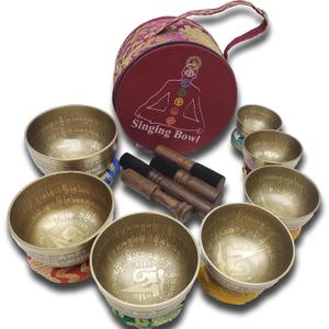 Khusi Tibetan Singing Bowls Chakra Sets, Hand Carved Buddha Mantra and Symbol, Sets of Seven Divine Sound Bowl