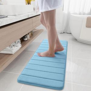 Buganda Memory Foam Bath Mat, 47" x 17", Ultra Soft and Non-Slip Bathroom Rugs, Water Absorbent and Machine Washable Bath Rug Runner for Bathroom, Shower, and Tub, Blue