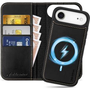 SHIELDON Removable Wallet Case for iPhone Air 6.5" 2025 | Genuine Leather, Folio Magnetic Cover, Wireless Charging, RFID Blocking Card Holder, Kickstand, Shockproof Phone Shell - Retro Black
