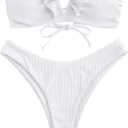 ZAFUL Women's Strapless Ribbed V Wired Lace Up Ruffle Tie High Cut Bandeau Swimsuits Bikini Set (Large, 0-white)