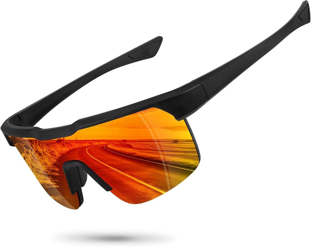 Sports Polarized Sunglasses for Men Women UV Protection Cycling Fishing Bike Running Sun Glasses Unbreakable (Matte Black Frame/Red Mirror Lens)