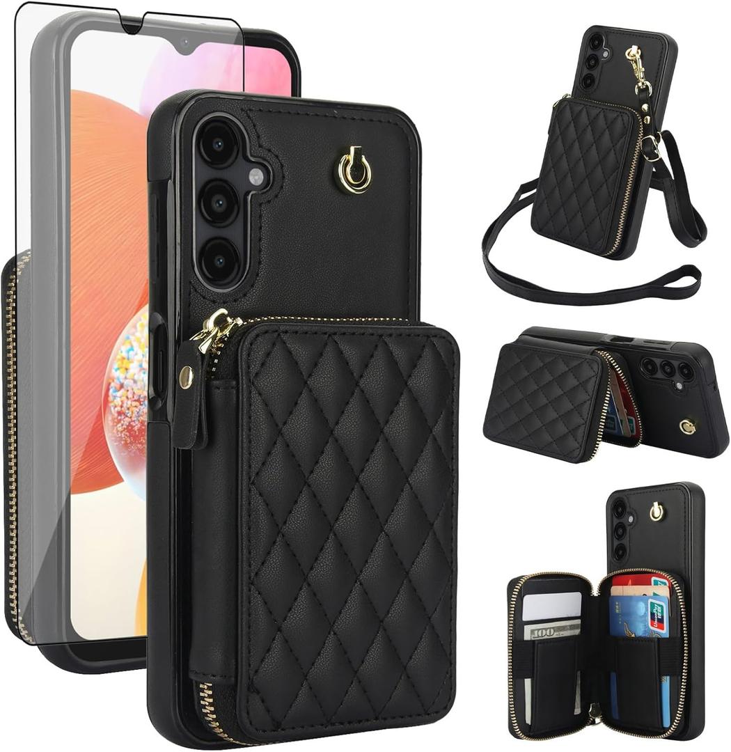 Phone Case for Samsung Galaxy A16 5G/4G Zipper Wallet Cell Cover with Tempered Glass Screen Protector Wrist Crossbody Strap Lanyard Stand RFID Blocking Credit Card Holder Slot A 16 Women Girls Black