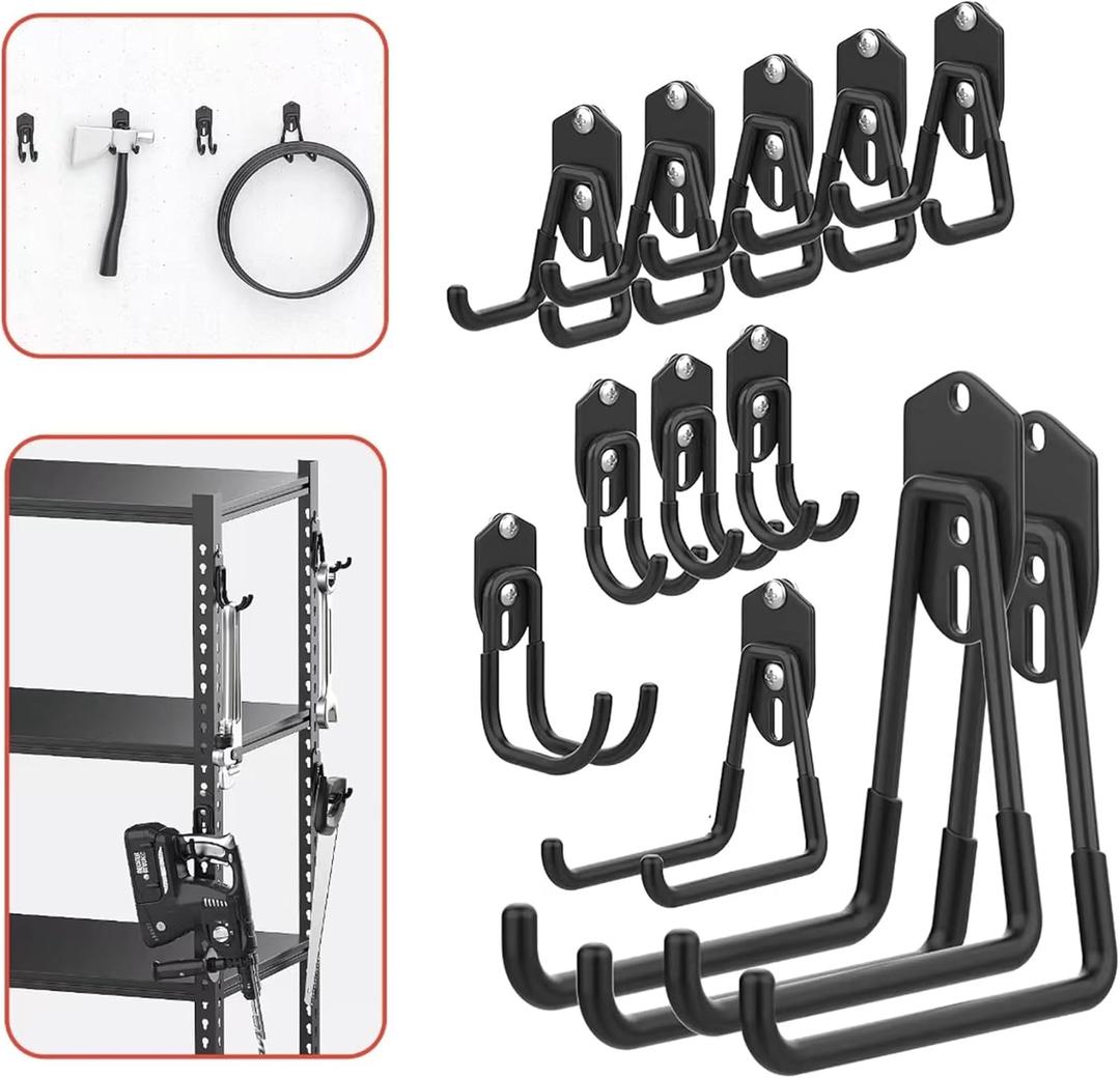 WALMANN 12PCS Garage Storage Hooks, Wall Mount Utility Hooks for Tools, Ladders, Cords, Folding Chairs, Shovels and Rakes, Shelving Hooks for Keyhole Shelving Units(Black)