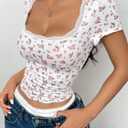 Women Y2k Ditsy Floral Lace Trim Crop Tops Yellow Cute Scoop Neck Tight Fitted Short Sleeve T Shirts Going Out (L)