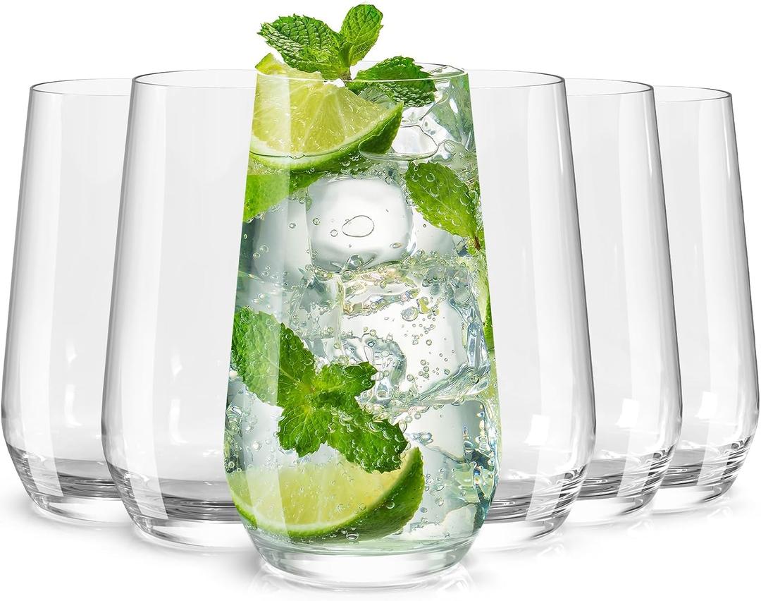 Wlasss Drinking Glasses Set of 6, 16.4 oz Crystal Water Glasses,Tall Glass Cups,Highball Glass for Cocktail,Juice,Mojito,Iced Tea,Kitchen and Bar Glassware,Gifts for Christmas