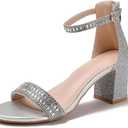 Lucky Bird Women's Block Chunky Heel Sandals with Rhinestones & Ankle Straps Open Toe Dressy Sparkly Dress Pump High Heels Sandals for Weddings, Prom and Party, Size 38