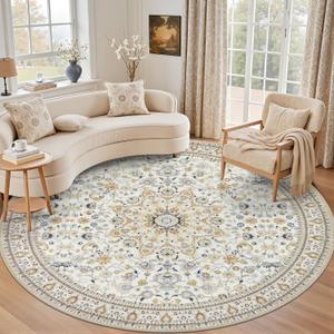 Round Area Rug for Living Room: 8ft Washable Rug for Bedroom Beige