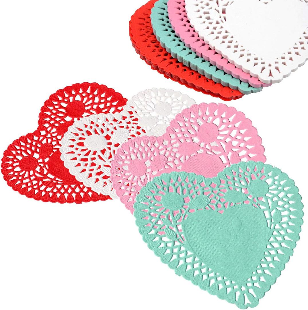 8 Inch Heart Shaped Paper Doilies - Pack of 100, 25 Each in Red, Pink, White and Blue - Heart Doilies Perfect for Valentine's Day Decorations.